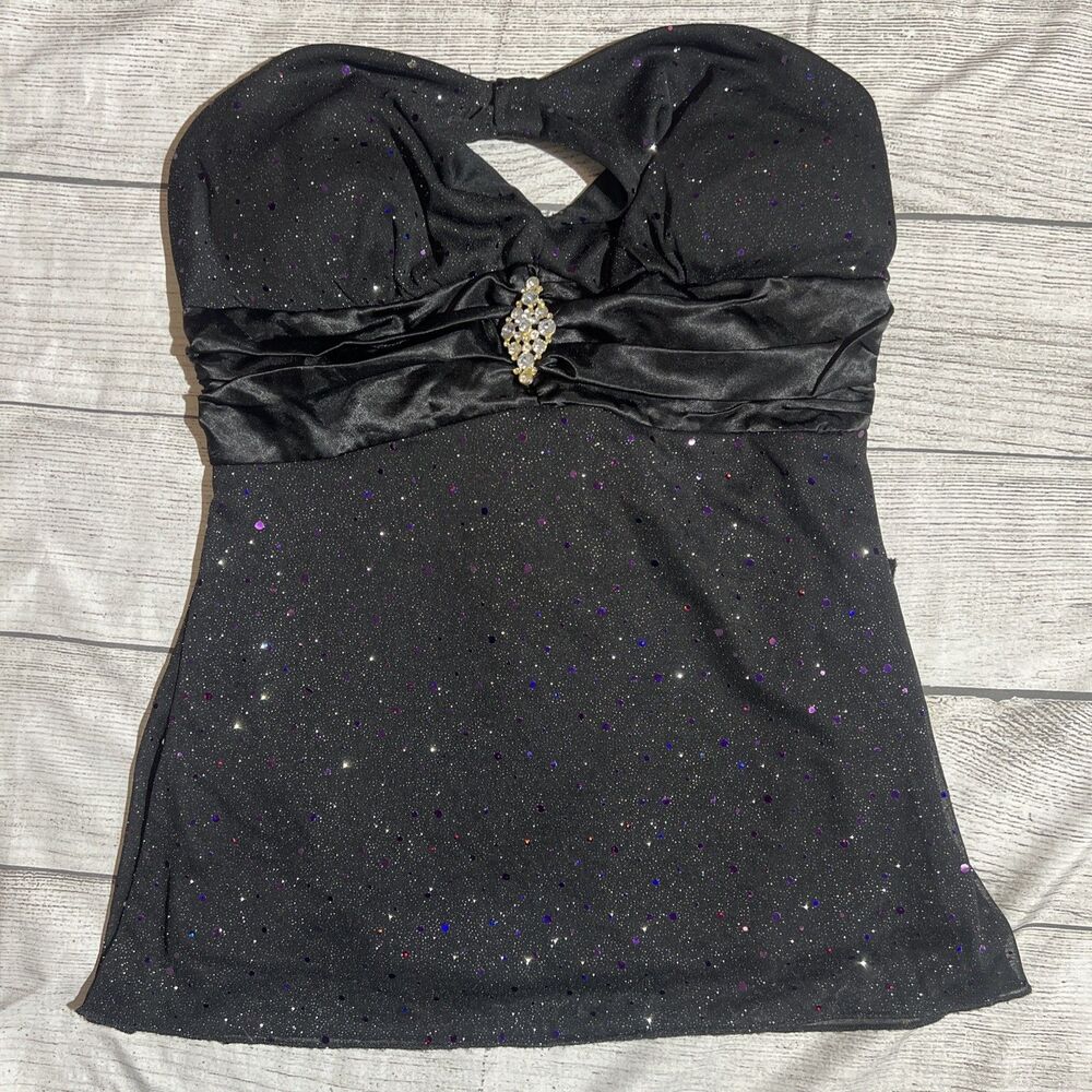 Y2K Trixxi Womens Black Sparkle Rhinestone Bow Strapless Going-Out Top Size M